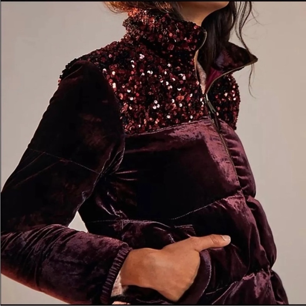 Anthropologie Velvet Sequin Puff Jacket in Deep Burgundy